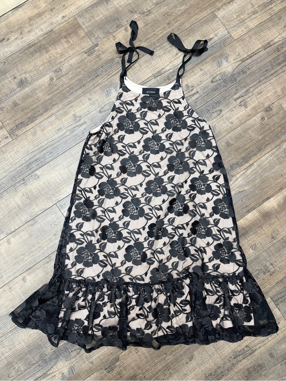 Storia Black Floral Lace Overlay Dress on Nude